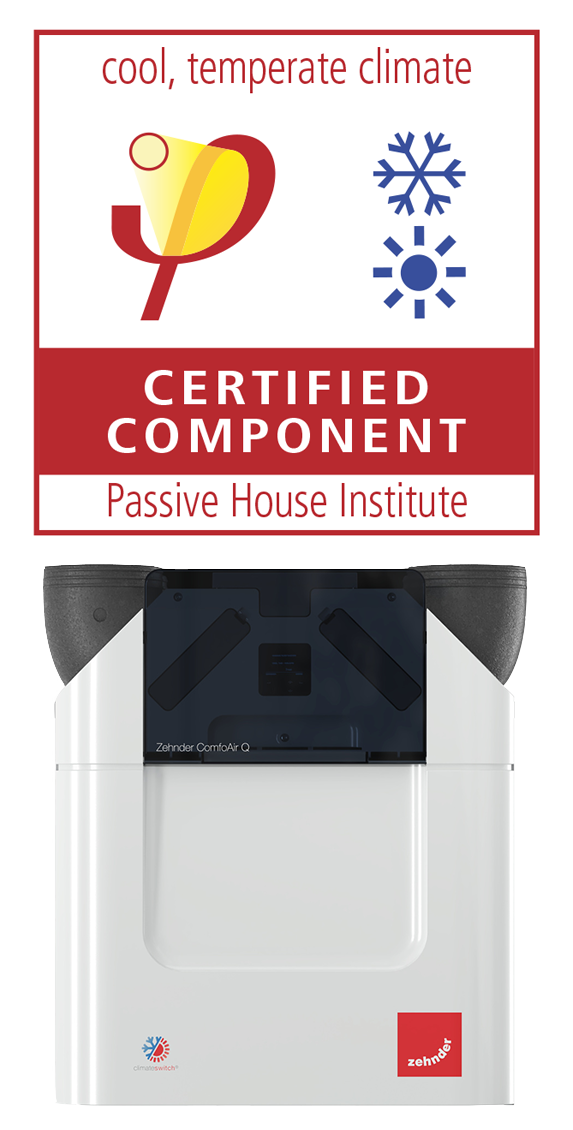 Passive House Certification logo with a Zehnder ComfoAir Q unit